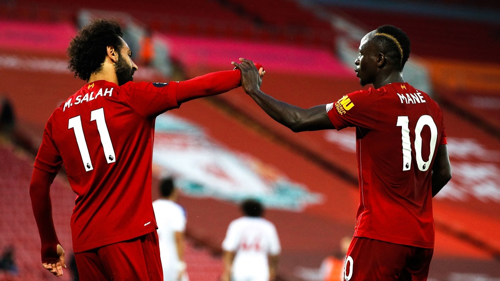 Liverpool's Sadio Mane (right) celebrates scoring his side's fourth goal of the game with Mohamed Salah during the Premier League match at Anfield, Liverpool. 
Photo by Icon Sport - Mohamed SALAH - Sadio MANE - Anfield Road - Liverpool (Angleterre)