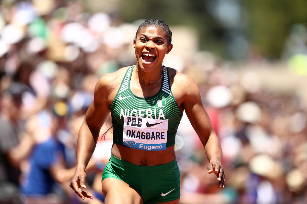 STANFORD, CALIFORNIA - JUNE 30:  Blessing Okagbare of Nigeria reacts after winning the women's 200m during the Prefontaine Classic at Cobb Track & Angell Field on June 30, 2019 in Stanford, California. (Photo by Ezra Shaw/Getty Images)