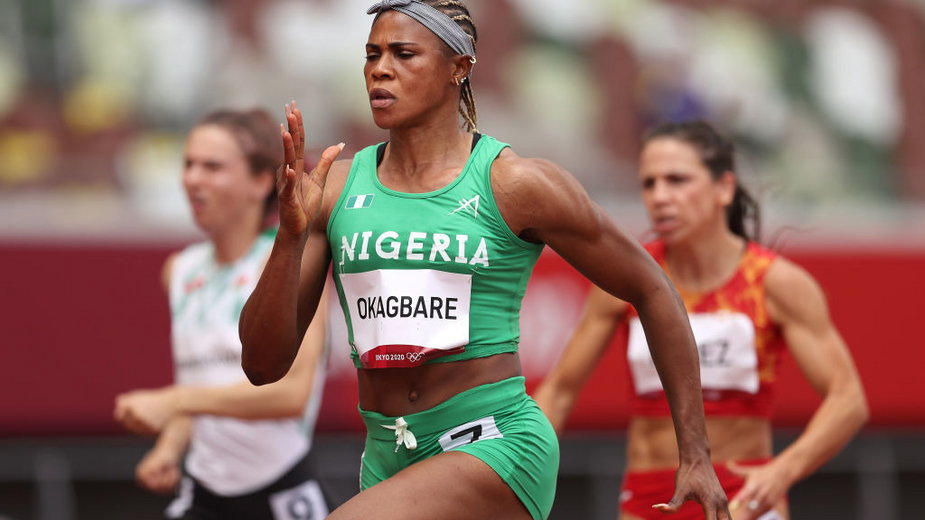 La sprinteuse nigériane lors des séries du 100 m à Tokyo 2020. Elle obtiendra la qualification, mais sera suspendue pour dopage et privée en plus de 200 m. 