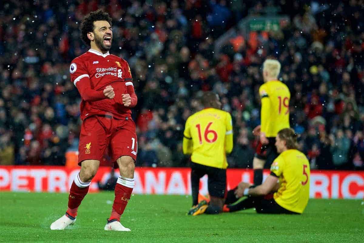 Mohamed Salah explose de joie après avoir mis à terre la défense de Watford. 
